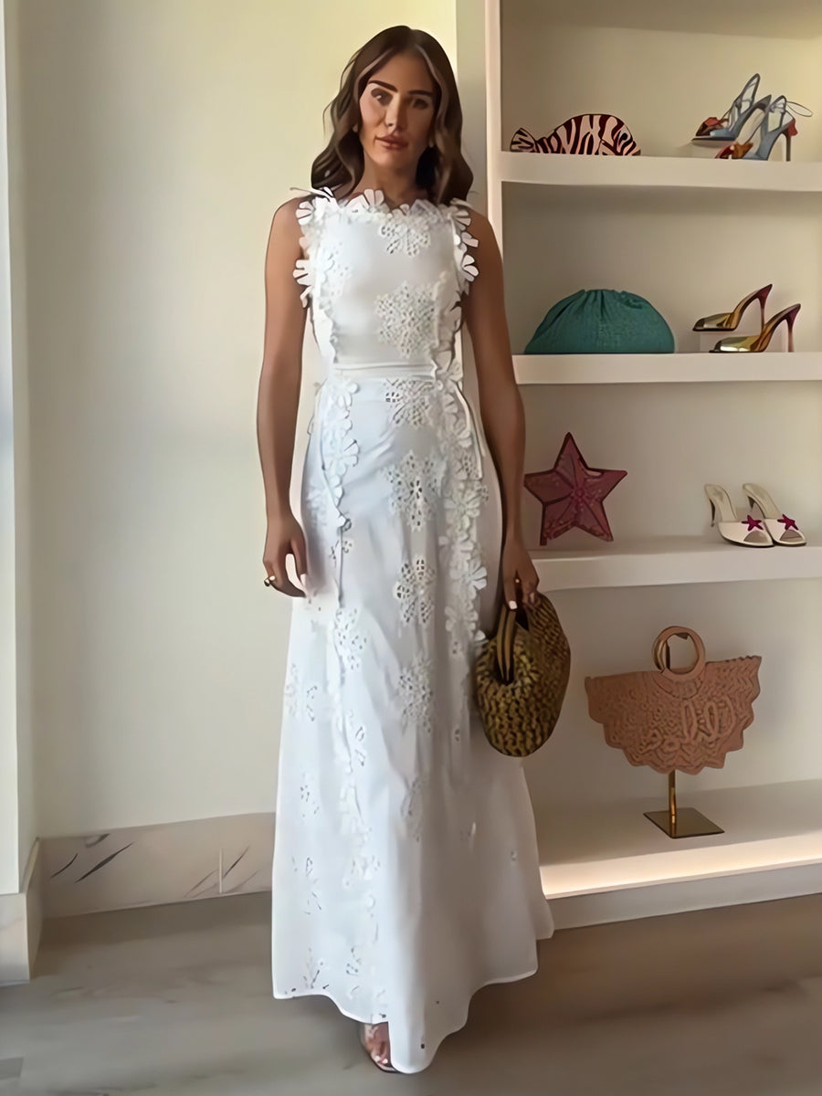 Éliora | Dlouhé šaty s uzlovými ramínky a květinovým krajkovým vzorem