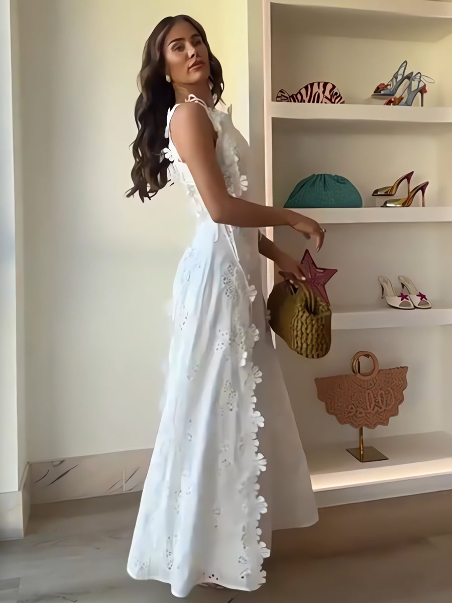 Éliora | Dlouhé šaty s uzlovými ramínky a květinovým krajkovým vzorem